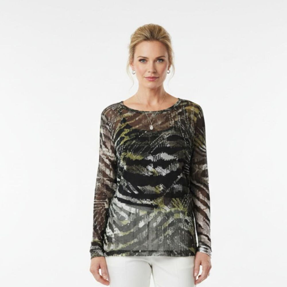Lynn Ritchie 100% Silk Green & Black Sheer Long Sleeve Tee Shirt Top XL